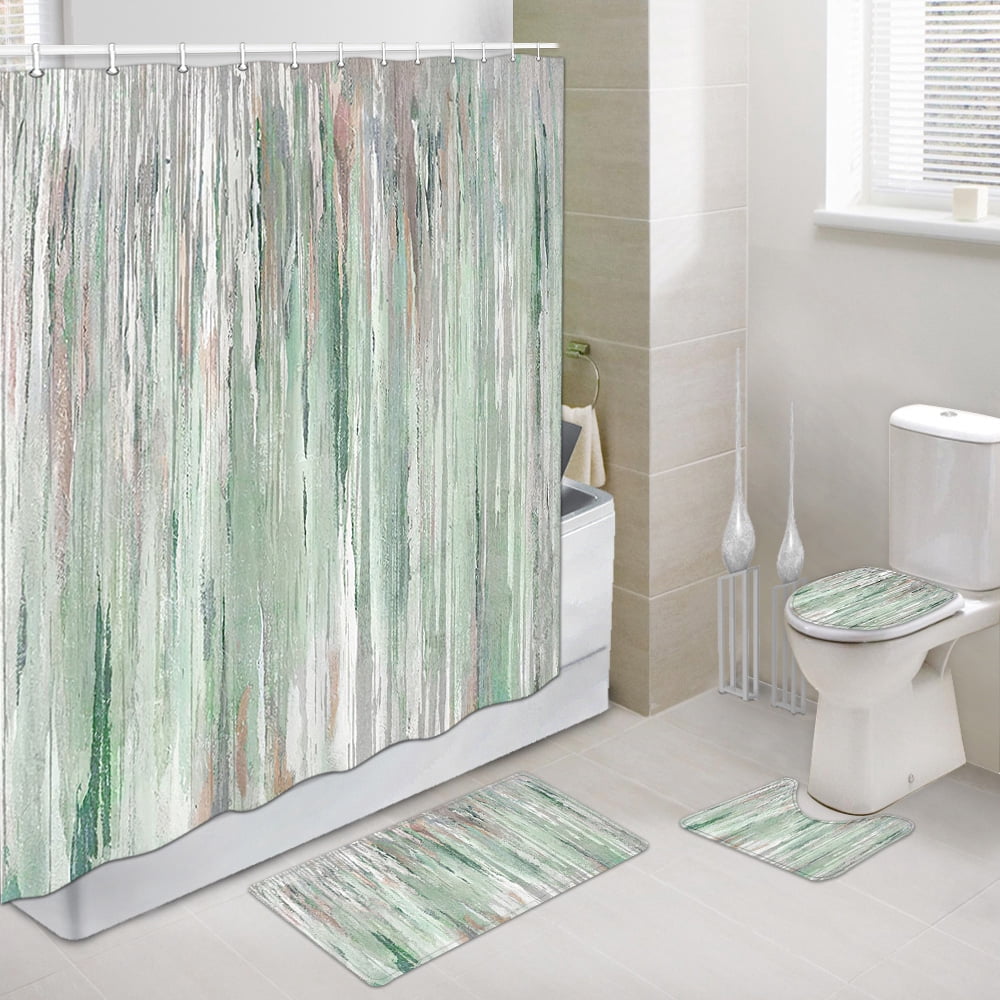 4 Pcs Shower Curtain Set, Blue and Grey Abstract Art Shower Curtain with Non-Slip Rugs, Toilet Lid Cover and Bath Mat, Bathroom Sets Decorations 72" x 72",Green