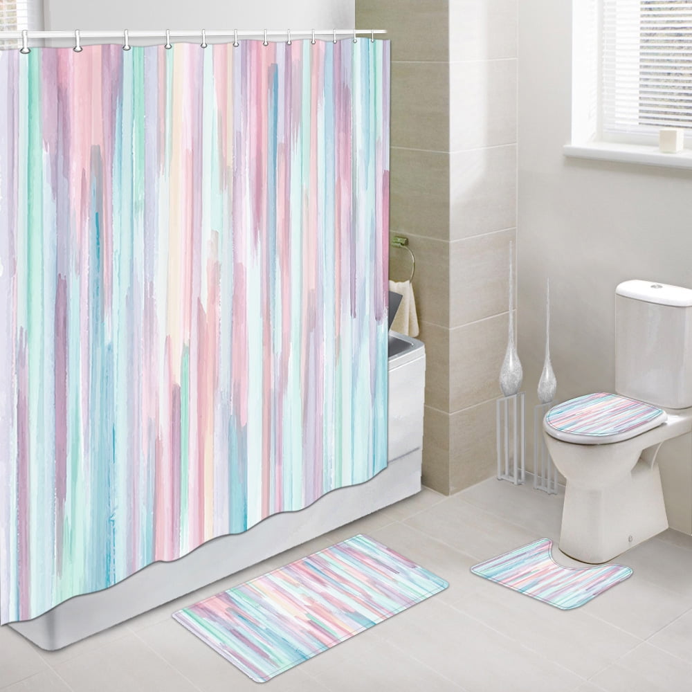 4 Pcs Shower Curtain Set, Blue and Grey Abstract Art Shower Curtain with Non-Slip Rugs, Toilet Lid Cover and Bath Mat, Bathroom Sets Decorations 72" x 72", Pink
