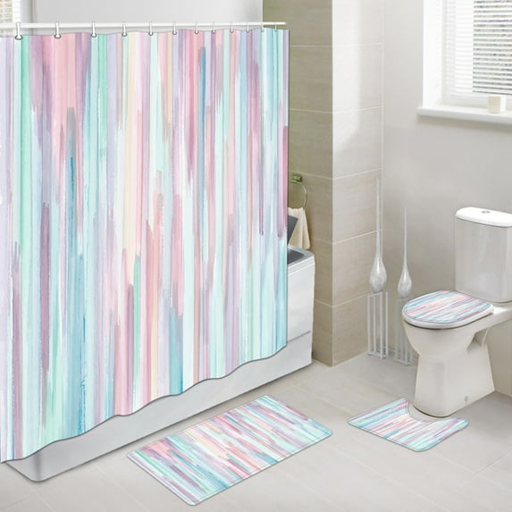 4 Pcs Shower Curtain Set, Blue and Grey Abstract Art Shower Curtain with Non-Slip Rugs, Toilet Lid Cover and Bath Mat, Bathroom Sets Decorations 72" x 72", Pink