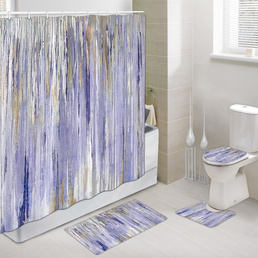 4 Pcs Shower Curtain Set, Blue and Grey Abstract Art Shower Curtain with Non-Slip Rugs, Toilet Lid Cover and Bath Mat, Bathroom Sets Decorations 72" x 72", Purple