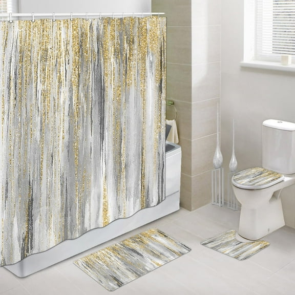 4 Pcs Shower Curtain Set, Blue and Grey Abstract Art Shower Curtain with Non-Slip Rugs, Toilet Lid Cover and Bath Mat, Bathroom Sets Decorations 72" x 72",Yellow