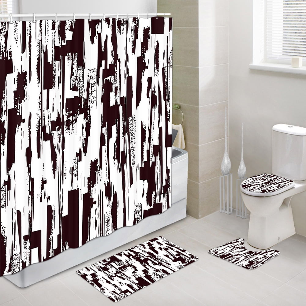 4 Pcs Shower Curtain Set, Brown and White Abstract Art Shower Curtain with Non-Slip Rugs, Toilet Lid Cover and Bath Mat, Bathroom Sets ]