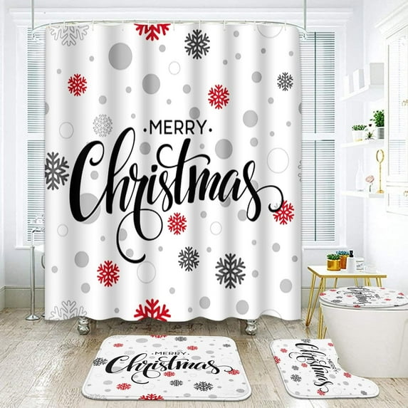 4 Pcs Shower Curtain Set Winter Landscape Covered Snow Fir with Non-Slip Rugs Toilet Lid Cover and Bath Mat Bathroom Decor Set 72" x 72"