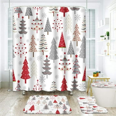 4 Pcs Shower Curtain Set Christmas Red Doodle Holly with Non-Slip Rugs Toilet Lid Cover and Bath Mat Bathroom Decor Set 72" x 72"