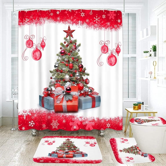 4 Pcs Shower Curtain Set Christmas Santa Claus Holding Box Red with Non-Slip Rugs Toilet Lid Cover and Bath Mat Bathroom Decor Set 72" x 72"