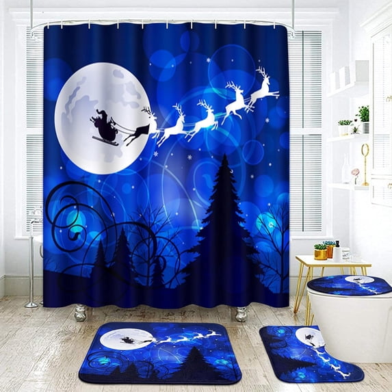 4 Pcs Shower Curtain Set Christmas Santa Claus Holding Box Red with Non-Slip Rugs Toilet Lid Cover and Bath Mat Bathroom Decor Set 72" x 72"