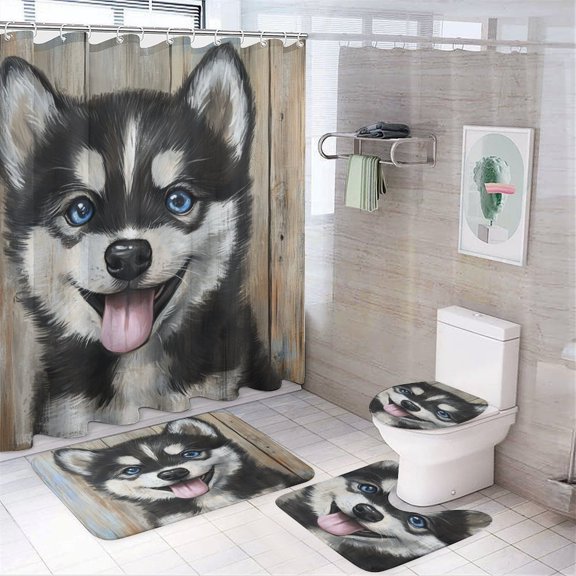 4 Pcs Shower Curtain Set Cute Husky Animal Dog Non-Slip Rugs And Toilet Mat Lid Rug Accessories Cute Dog Pets Bathroom Decor Sets for Bathtub Decor 72inch X 72inch