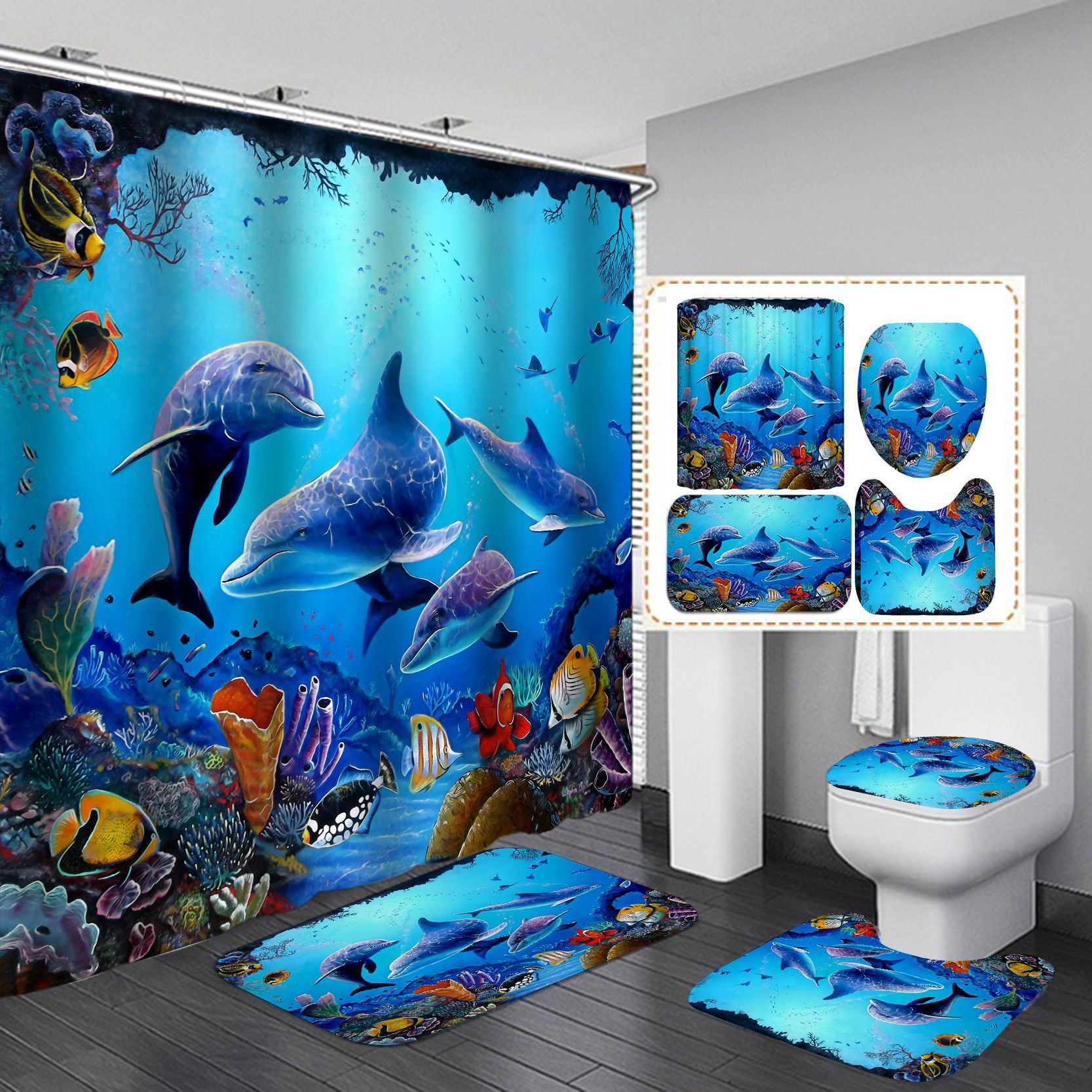 4 Pcs Shower Curtain Set Dolphin Undersea World Bathroom Set with Bath  Mat,U Shape and Toilet Lid Cover Mat and 12 Hooks - Walmart.com, image size:1667x1667