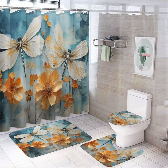 4 Pcs Shower Curtain Set Dragonfly Haze with Rugs Toilet Lid Cover And Bath Mat Retro Insect Dragonflies Flower Shower Curtain with 12 Hooks for Bathroom Decor 72inch X 72inch