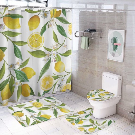 4 Pcs Shower Curtain Set Floral Lemon Fruits Flowers Leaves Vintage Yellow with Non-Slip Rugs Toilet Lid Cover and Bath Mat