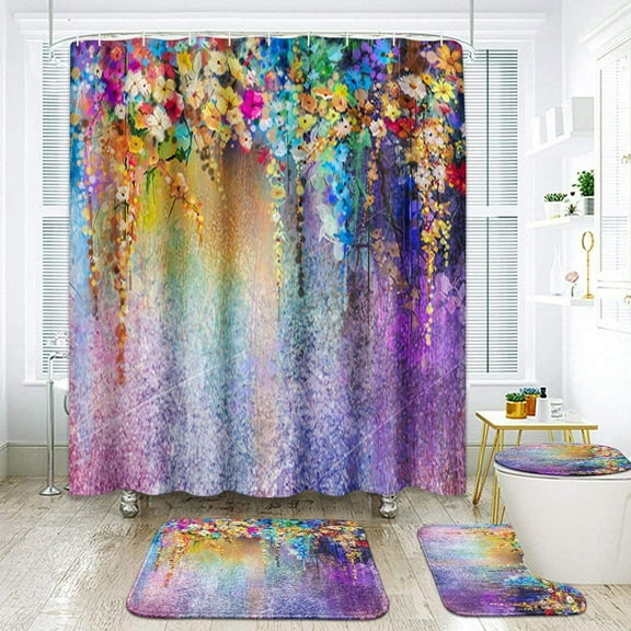 4 Pcs Shower Curtain Set Floral Watercolor Red Flowers Purple Colorful Beautiful with Non-Slip Rugs Toilet Lid Cover and Bath Mat Bathroom Decor Set 72" x 72"