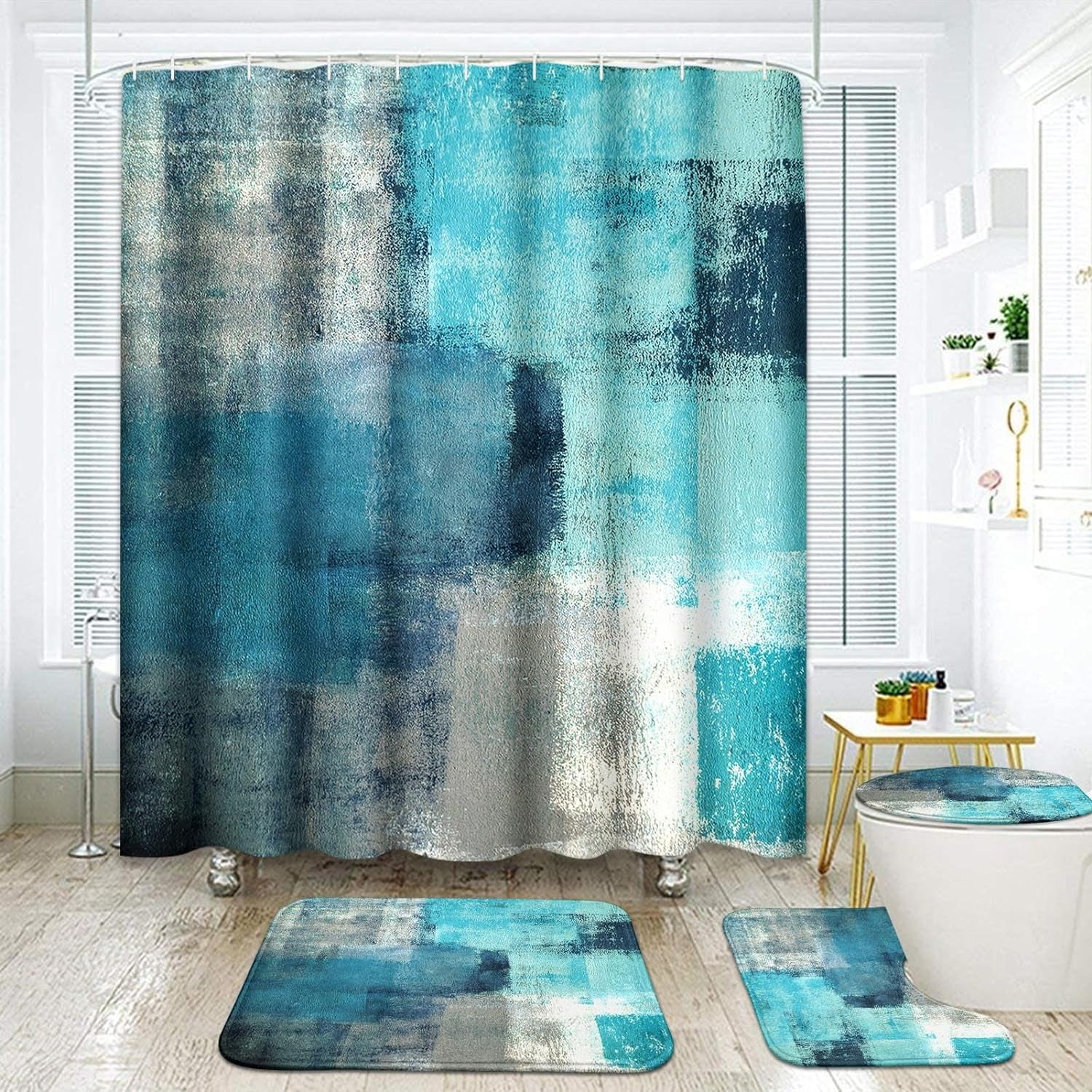 4 Pcs Shower Curtain Set Green Teal Grey Abstract Painting Gray Retro