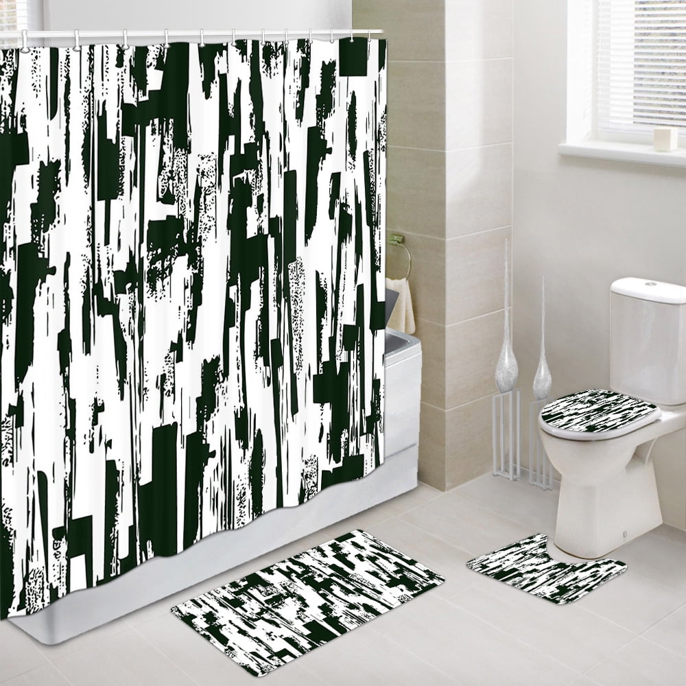 4 Pcs Shower Curtain Set, Green and White Abstract Art Shower Curtain with Non-Slip Rugs, Toilet Lid Cover and Bath Mat, Bathroom Sets Decorations