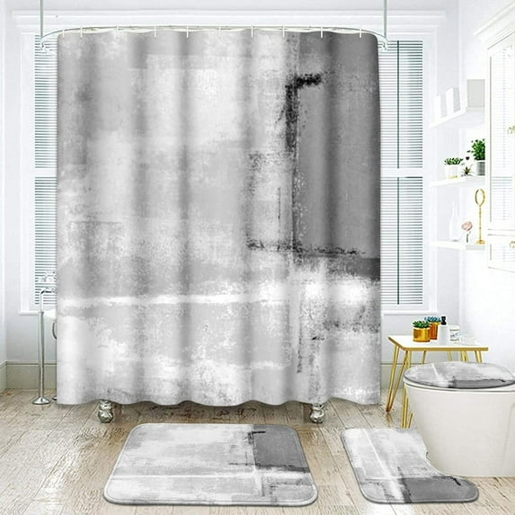 4 Pcs Shower Curtain Set Grey Brown Gray Abstract Painting Modern with Non-Slip Rugs Toilet Lid Cover and Bath Mat Bathroom Decor Set 72" x 72"