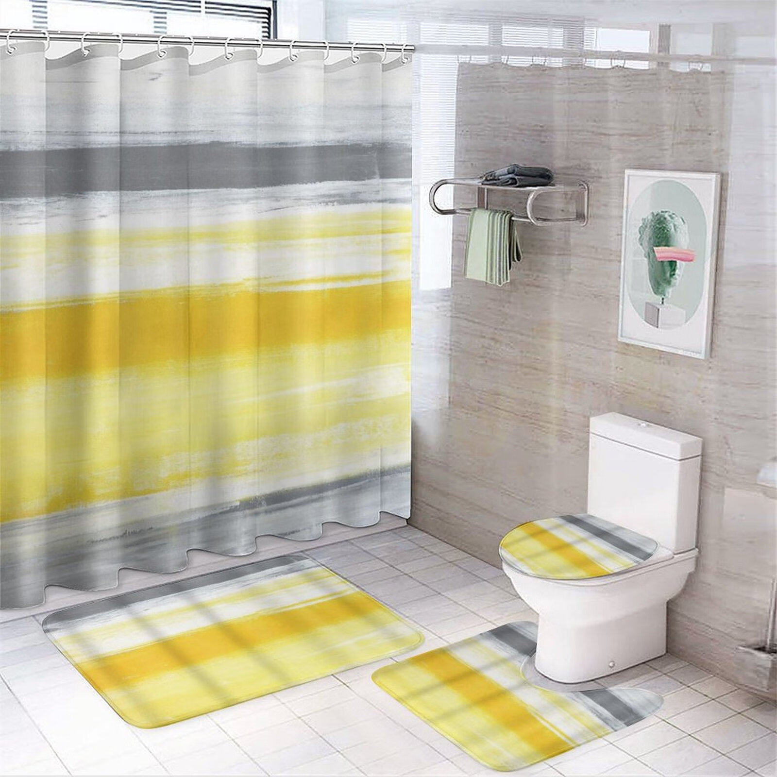 EMMTEEY 4-Piece Bathroom Set - Gold White Marble Shower Curtain With Non-Slip Rugs, Toilet Lid Cover & Accessories
