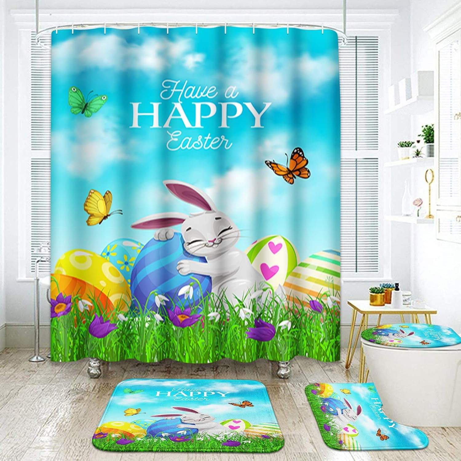 4 Pcs Shower Curtain Set Happy Easter Rabbit Bunny Pet Chocolate Cute with Non-Slip Rugs Toilet Lid Cover and Bath Mat Bathroom Decor Set 72 x 72 inch