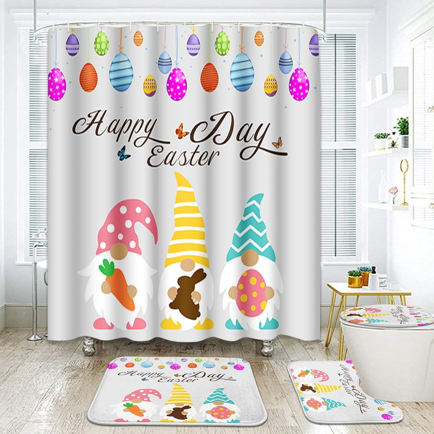4 Pcs Shower Curtain Set Happy Easter Brown Bunny Bottom Pink Rabbit with Non-Slip Rugs Toilet Lid Cover and Bath Mat Bathroom Decor Set 72 x 72 inch