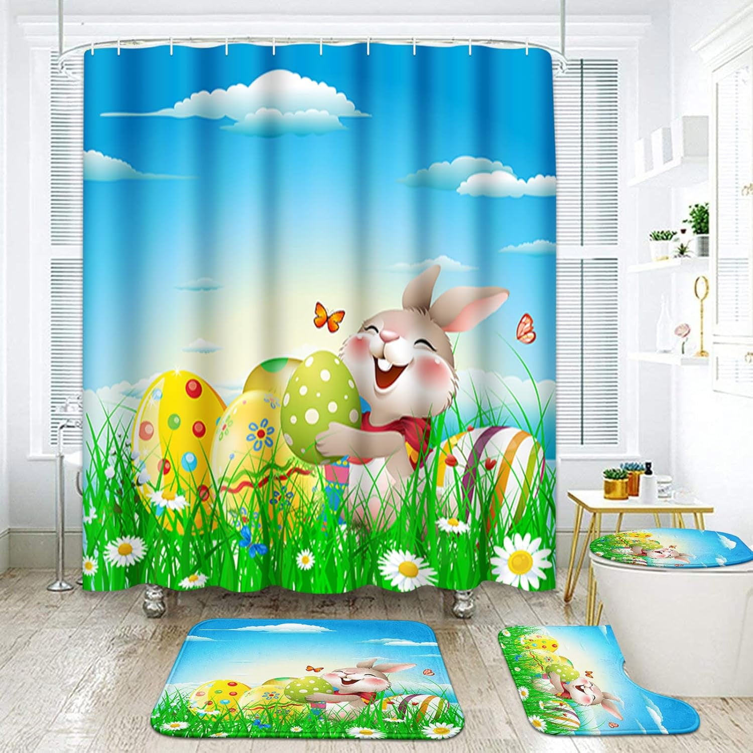 4 Pcs Shower Curtain Set Happy Easter Rabbit Bunny Pet Chocolate Cute with Non-Slip Rugs Toilet Lid Cover and Bath Mat Bathroom Decor Set 72 x 72 inch