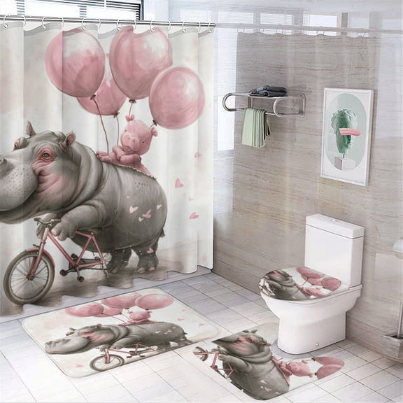 4 Pcs Shower Curtain Set Hippo Riding A Bicycle Holding Balloons Bathroom Decor Set with Non-Slip Rugs Toilet Lid Cover And Bath Mat Watercolor Cartoon Hippo Farmhouse Bathroom Shower Set