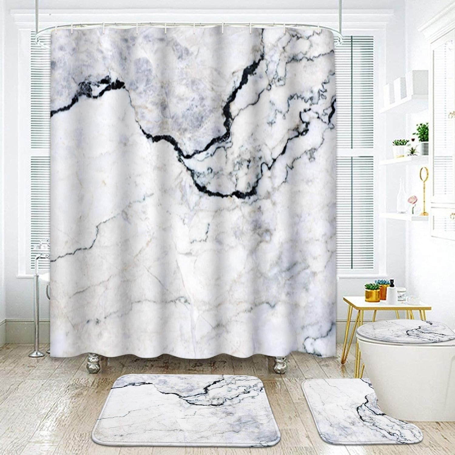 4 Pcs Shower Curtain Set Marble Gold White Black Geometric Rose Stone