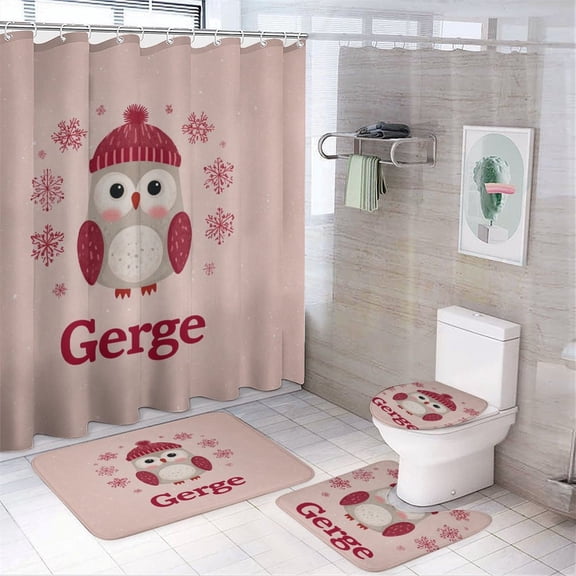4 Pcs Shower Curtain Set with Non-Slip Rugs Toilet Lid Cover And Bath Mat Bathroom Decor Set Personalised Winter Owl Waterproof Shower Curtain Personalized Gifts for Bathroom Decor Set