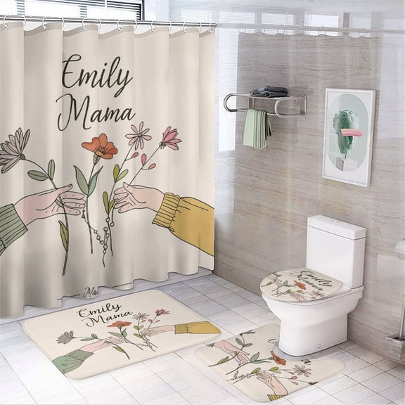 4 Pcs Shower Curtain Set with Non-Slip Rugs Toilet Lid Cover And Bath Mat Custom Mom Floral Waterproof Fabric Bath Curtain Mom Mama Mother's Day for Bathroom Decor Set