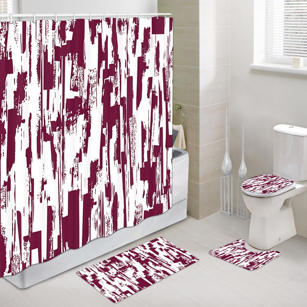 4 Pcs Shower Curtain Set,Pink and White Abstract Art Shower Curtain with Non-Slip Rugs, Toilet Lid Cover and Bath Mat, Bathroom Sets Decorations