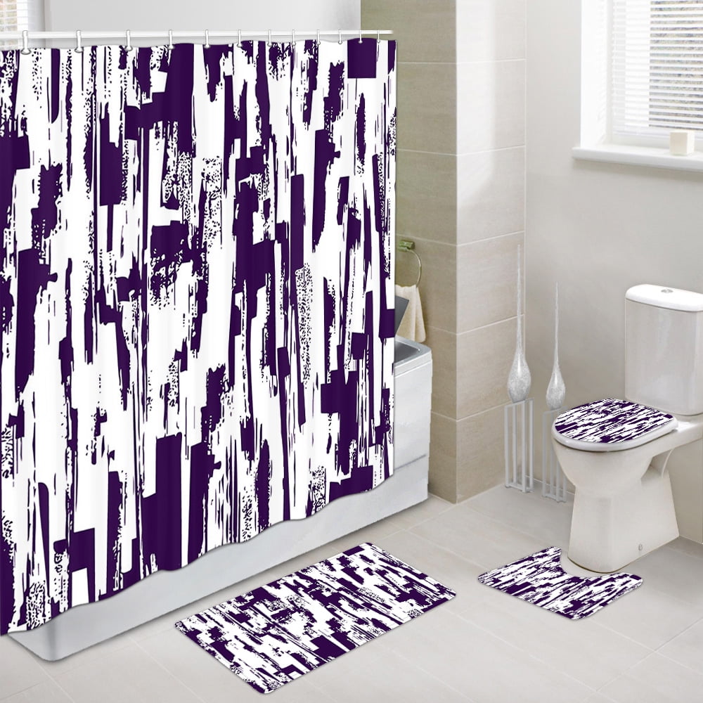 4 Pcs Shower Curtain Set, Purple and White Abstract Art Shower Curtain with Non-Slip Rugs, Toilet Lid Cover and Bath Mat, Bathroom Sets Decorations