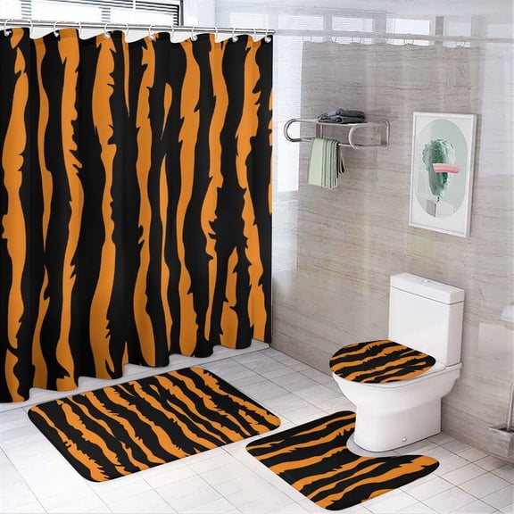 4 Pcs Shower Curtain Set Rug Toilet Lid Cover And Non-Slip U Shape Mat Orange And Black Tiger Stripe Pattern Waterproof Personality Pattern Bath Curtain Animal Skin Pattern for Bathtub Decor