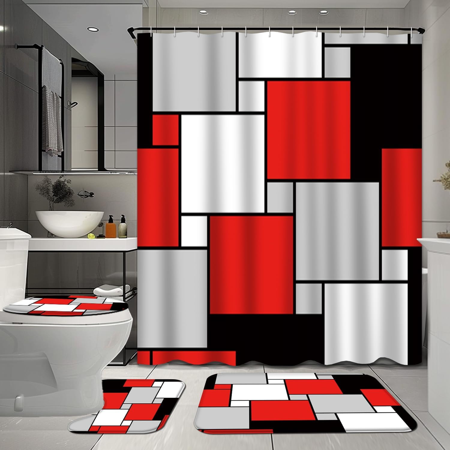 4 Pcs Shower Curtain Set with Rugs for Bathroom Decor,Black White Dark