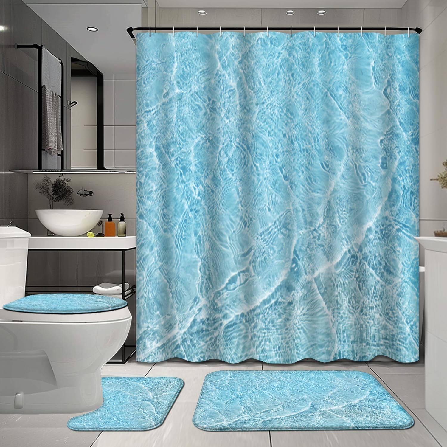 4 Pcs Shower Curtain Set with Rugs for Bathroom Decor,White Yellow ...