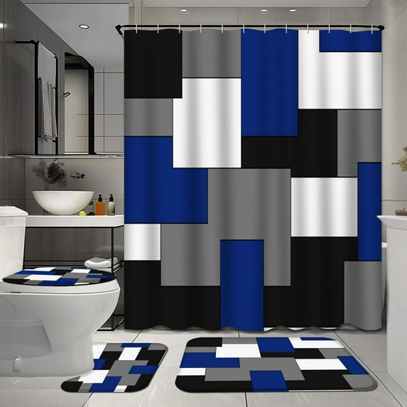 4 Pcs Shower Curtain Set with Rugs for Bathroom Decor,White Yellow Bathroom Shower Curtain Sets,And Gray Geometric Style Triangles Mosaic Grey Abstract Art Bathroom Sets with Shower Curtain and Rugs