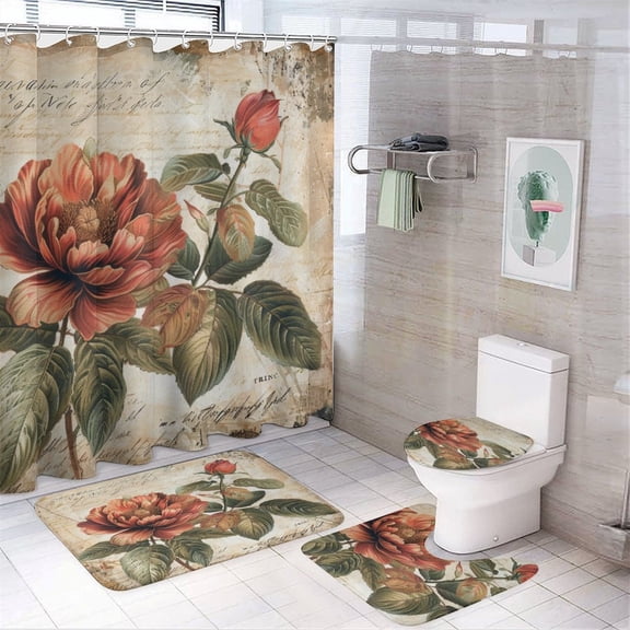 4 Pcs Shower Curtain Set with Rugs Include Waterproof Shower Curtain Non-Slip Rug Toilet Lid Cover Bath Mat Vintage Elegant Rustic Floral Botanical French Durable And Waterproof Gardens Green Flower