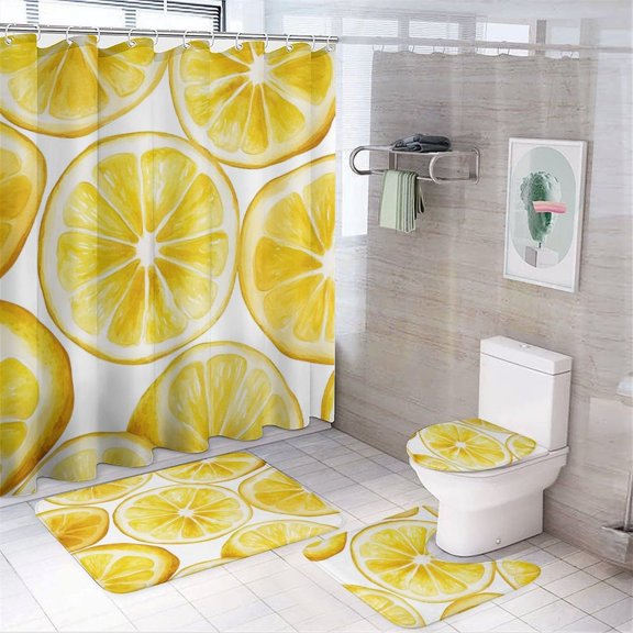 4 Pcs Shower Curtain Set with Rugs Toilet Lid Cover And Bath Mat Yellow Lemon Slices Waterproof Shower Curtain Lemon Slice Geometric Pattern for Bathroom Decor Set