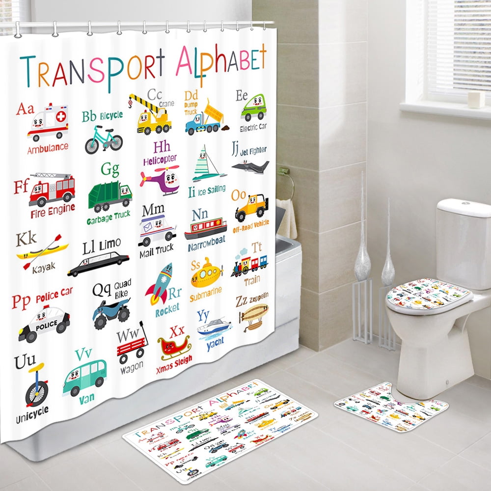 4 Pcs Shower Curtain Set with Rugs, Vehicles Alphabet Bathroom Accessories Sets Non-Slip Mats, Kid Excavator Tractor Machinery Trucks Fabric Bath Curtains with Bath Mats and Toilet Lid Seat Cover