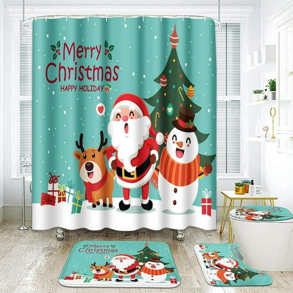 4 Pcs Shower Curtain Set Santa Claus Big Signboard Merry Christmas with Non-Slip Rugs Toilet Lid Cover and Bath Mat Bathroom Decor Set 72" x 72"