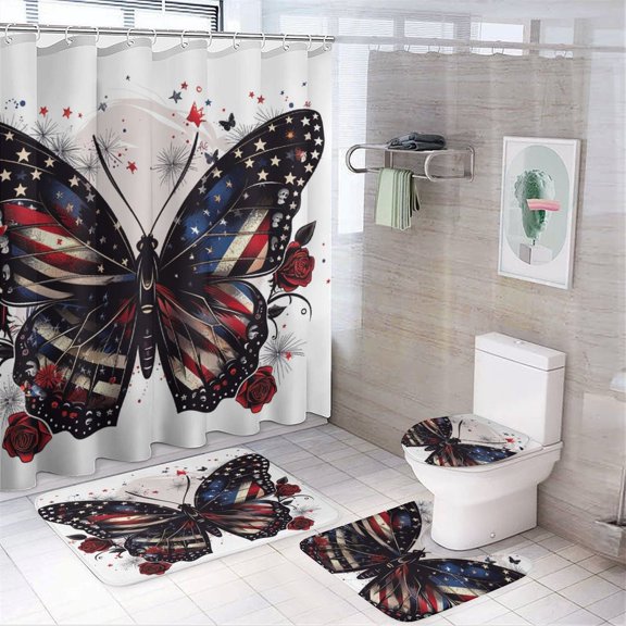4 Pcs Shower Curtain Set Shower Curtain And Rugs Shower Curtain Set Butterfly with American Flag Fireworks And Roses Waterproof Shower Curtain Patriotic Memorial Day for Bathroom Decor Set