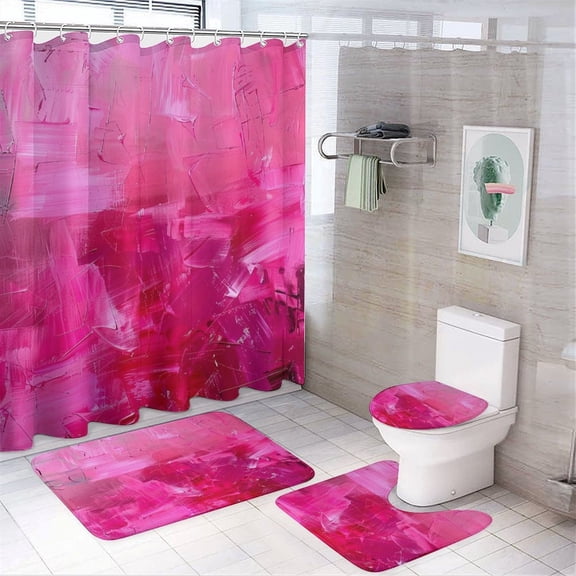 4 Pcs Shower Curtain Set Shower Curtain And Rugs Shower Curtain Set Shocking Pink Hot Modern Abstract Waterproof Shower Curtain Hot Pink Retro 70s Paint Brush for Bathroom Decor Set