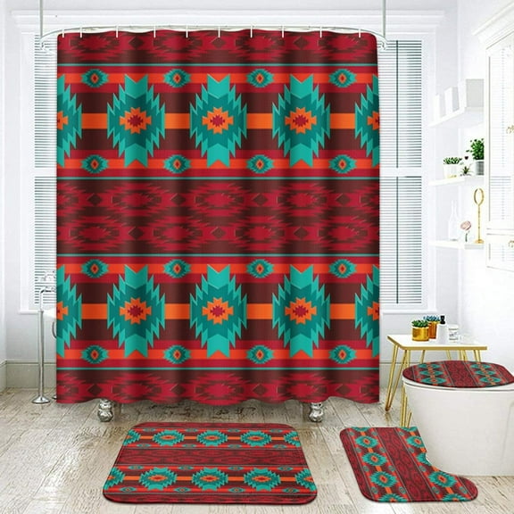 4 Pcs Shower Curtain Set Southwestern Abstract Colorful Ethnic Geometric Native Retro Vintage with Non-Slip Rugs Toilet Lid Cover and Bath Mat Bathroom Decor Set 72" x 72"