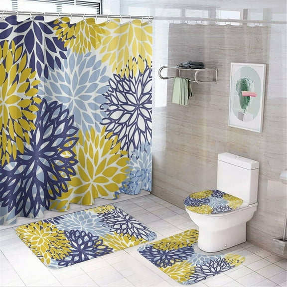 4 Pcs Shower Curtain Set Spring Floral Flowers Abstract Plant Aster Leaf Nature with Non-Slip Rugs Toilet Lid Cover and Bath Mat