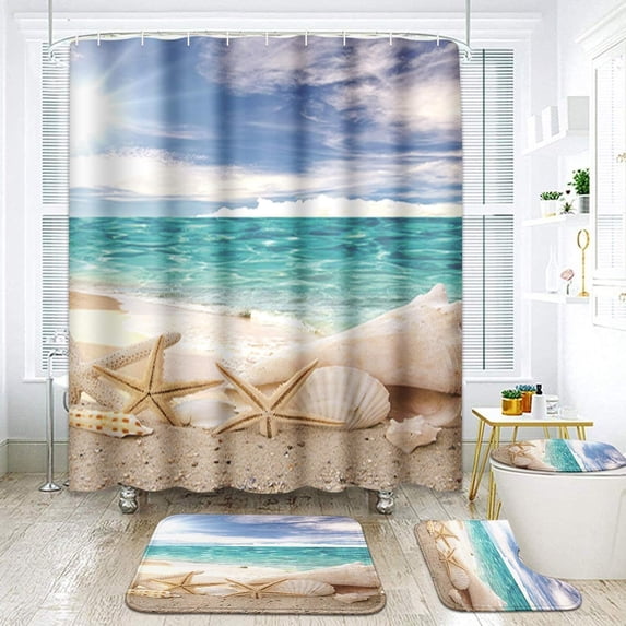 4 Pcs Shower Curtain Set Starfish Seashells Beach Blue Sky Ocean Vacation with Non-Slip Rugs Toilet Lid Cover and Bath Mat Bathroom Decor Set 72" x 72"