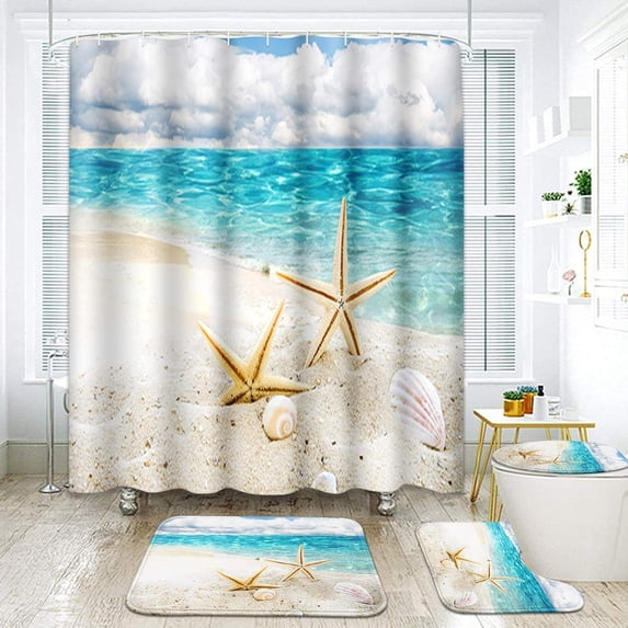 4 Pcs Shower Curtain Set Starfish Seashells Beach Blue Sky Ocean Vacation with Non-Slip Rugs Toilet Lid Cover and Bath Mat Bathroom Decor Set 72" x 72"