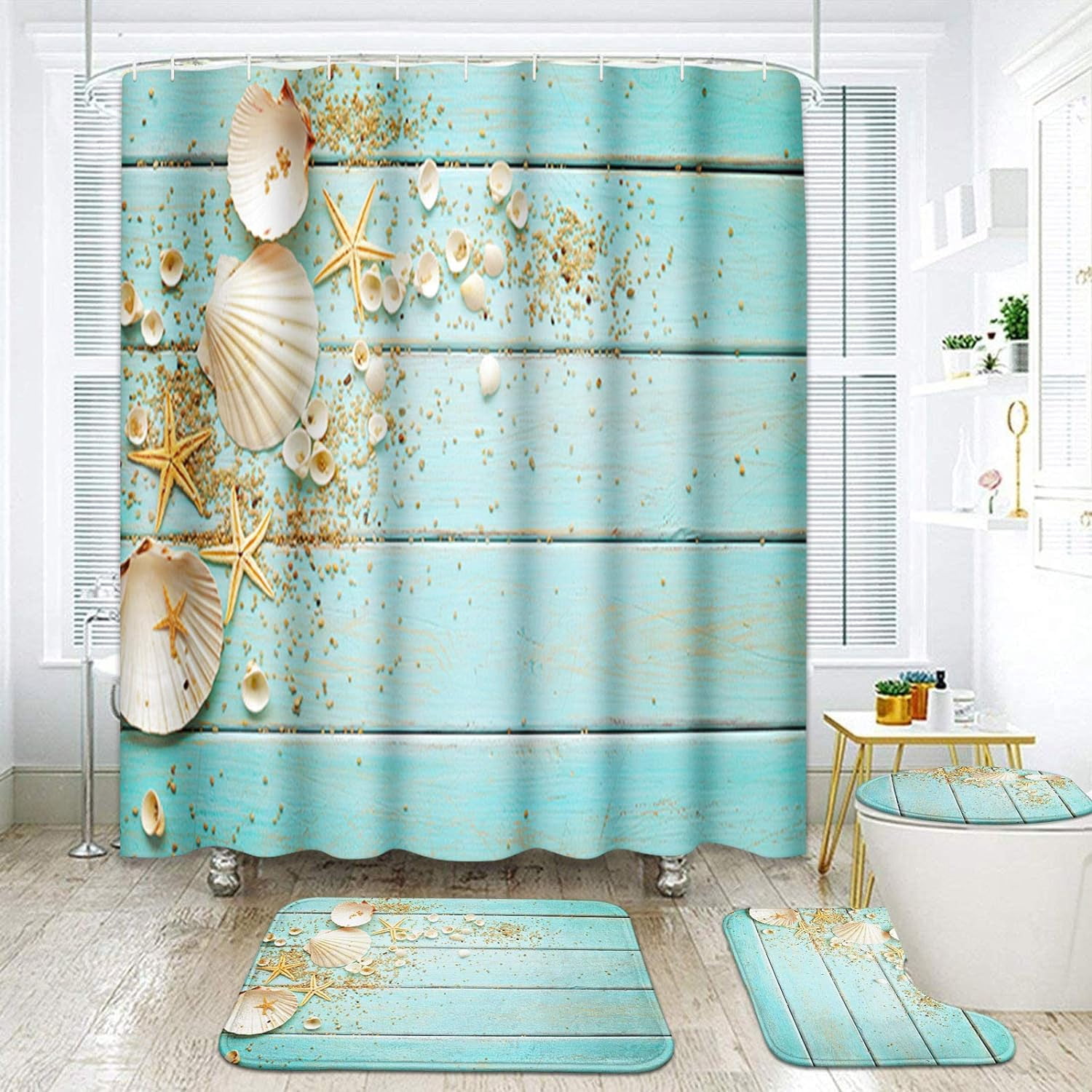 4 Pcs Shower Curtain Set Starfish Seashells Wooden Nautical Sand Beach Shell Sea Blue with Non-Slip Rugs Toilet Lid Cover and Bath Mat Bathroom Decor Set 72" x 72"