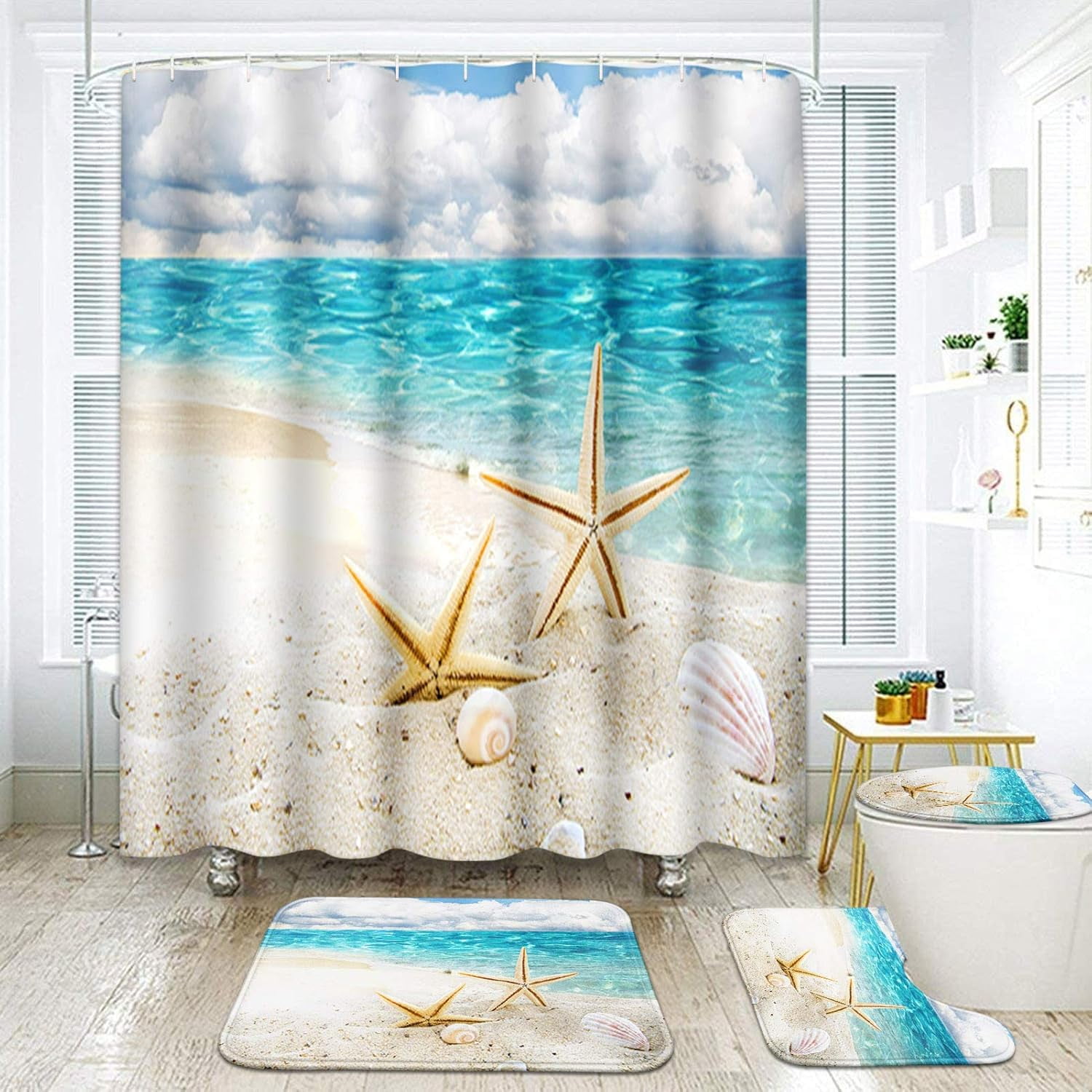 4 Pcs Shower Curtain Set Starfish Seashells Wooden Nautical Sand Beach Shell Sea Blue with Non-Slip Rugs Toilet Lid Cover and Bath Mat Bathroom Decor Set 72" x 72"