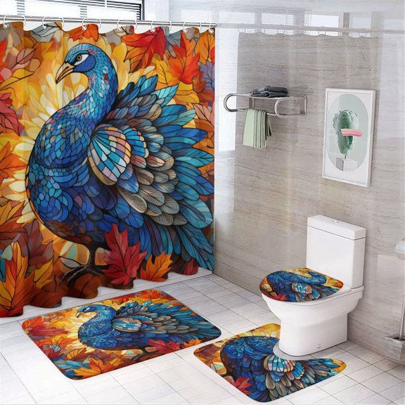 4 Pcs Shower Curtain Set Thanksgiving Turkey with Fall Autumn Maple Leaf Abstract with Non-Slip Rugs, Toilet Lid Cover and Bath Mat Happy Fall Harvest Farmhouse Bathroom Shower Set