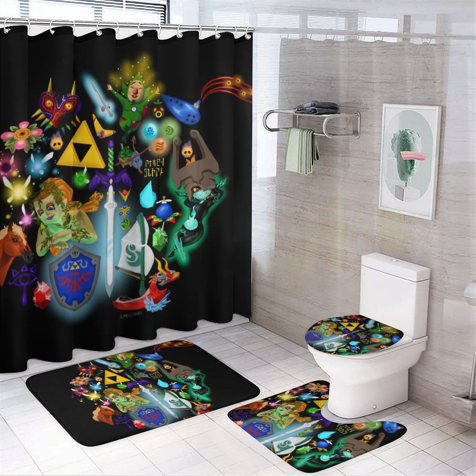 4 Pcs Shower Curtain Set The Legend of Zelda Shower Curtain with 12