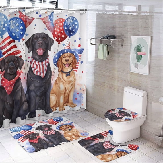 4 Pcs Shower Curtain Set Three Dogs Celebrating The Fourth of July Bathroom Shower Curtain Set with Rugs 4th of July Memorial Day Independence Day Shower Curtain with 12 Hooks for Bathroom Decor Set