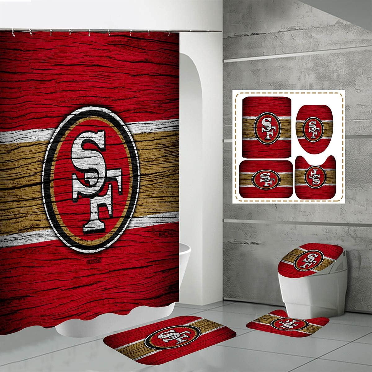 4 Pcs Shower Curtain Set with Toilet Lid Cover Mat Non-Slip Rug Bath Mat and Waterproof Shower Curtains with Hooks American Sports Football Bathroom Decoration Machine Washable