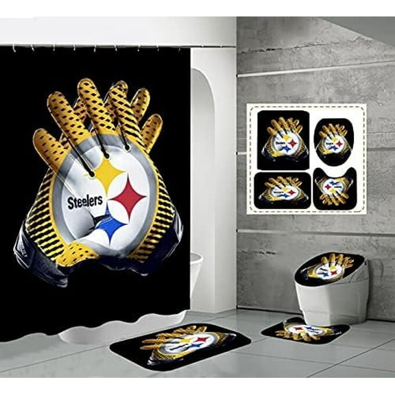 4 Pcs Shower Curtain Set with Toilet Lid Cover Mat Non-Slip Rug Bath Mat and Waterproof Shower Curtains with Hooks American Sports Football Bathroom Decoration