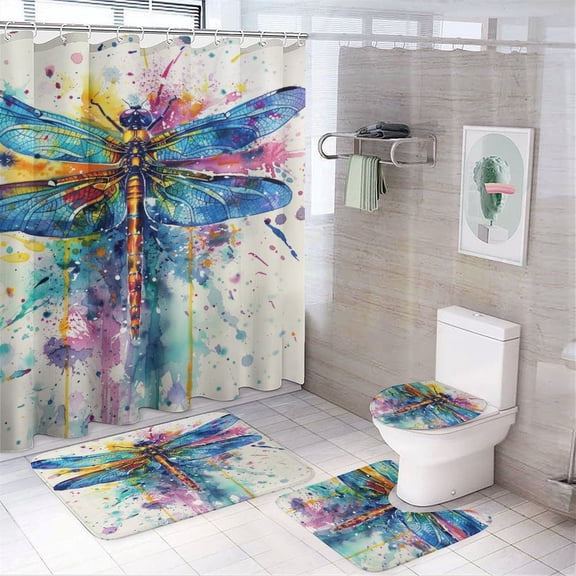4 Pcs Shower Curtain Set Watercolor Dragonfly, Splatter Paint Bathroom Decor Set with Non-Slip Rugs Toilet Lid Cover And Bath Mat Ink Colorful Dragonfly Bathroom Shower Curtains Sets 72inch X 72inch